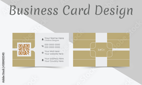 Creative and Clean Business card Template .Golden and White color theme with QR code holder .Horizontal orientation .Vector illustration print template