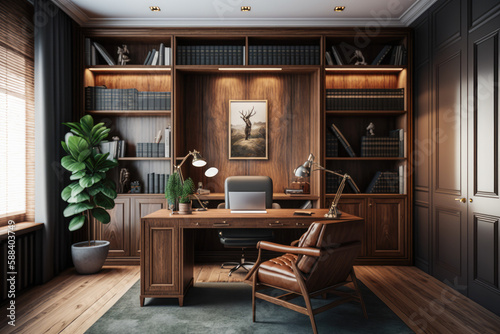 Large office with wooden bookshelf covered walls, and large wooden desk. Generative AI © MVProductions