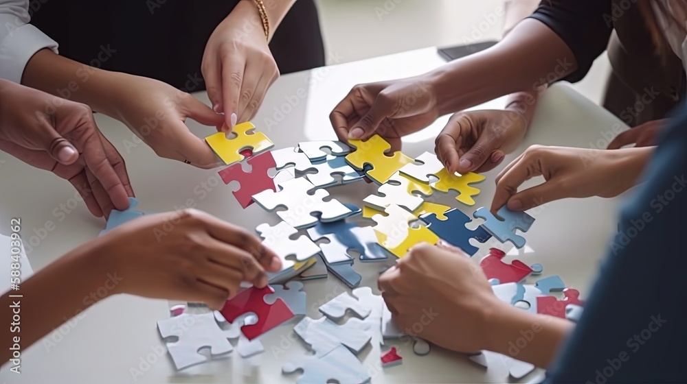 International team of coworkers sitting around table, putting colorful puzzles together, teamwork concept, by ai generative International team of coworkers sitting around table, putting colorful puzzles together, teamwork concept, by ai generative