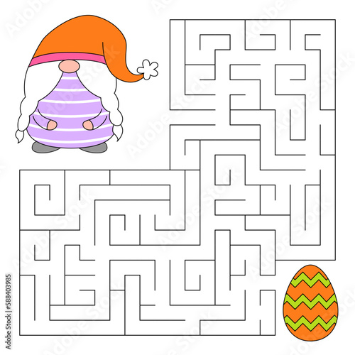 Spring maze game for kids. Cute gnome looking for a way to the egg. Happy easter. Doodle cartoon style. Printable worksheet.