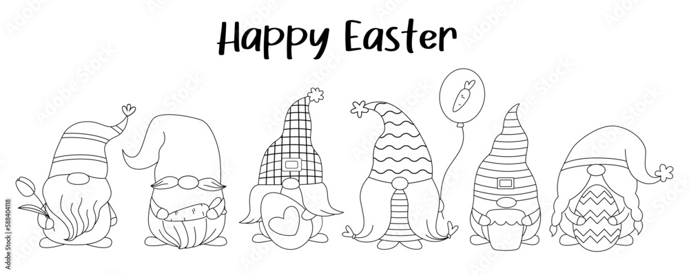 Set cute line gnomes with eggs, carrot, cake, baloon, tulip for Easter and spring. Happy Easter. Doodle cartoon style. Hand drawn outline Easter.