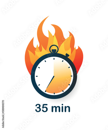 35 minutes clock on fire icon. Special and limited offer. Black Friday, modern methods of marketing and promotion of products on Internet. Cartoon flat vector illustration