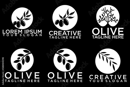 Olive tree logo. Extra virgin olive oil label icon. Tree of life symbol. Organic branch brand identity