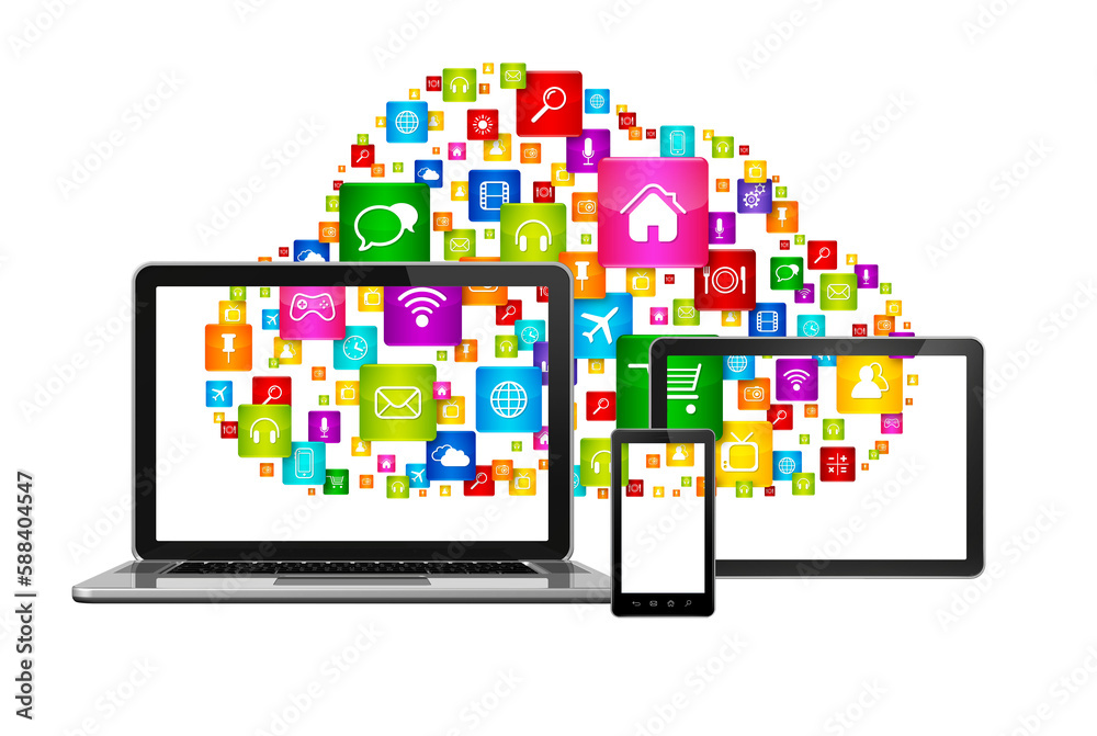 Cloud computing symbol and computer set Cloud computing symbol and computer set