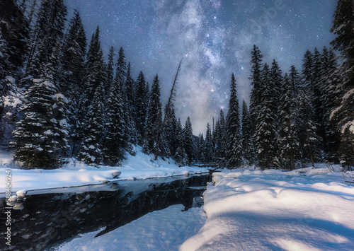 Fototapeta Naklejka Na Ścianę i Meble -  Landscape of milky way in night sky over pine forest with snow covered on lakeside in winter at national park