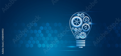 Mechanism consisting of gears and a light bulb on a blue background for presentation. Cogwheel for science experiment presentation, Futuristic high tech concept. Business and industry internet banner