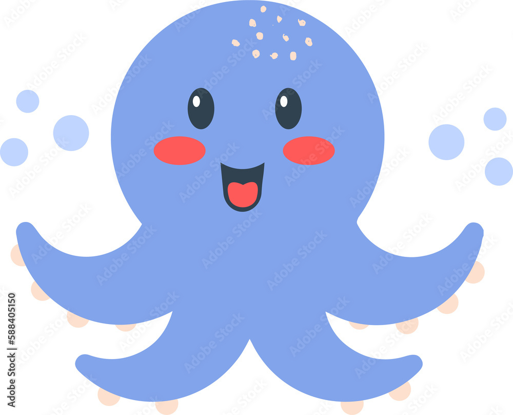 Summer cartoon kawaii octopus cute flat doodle style 