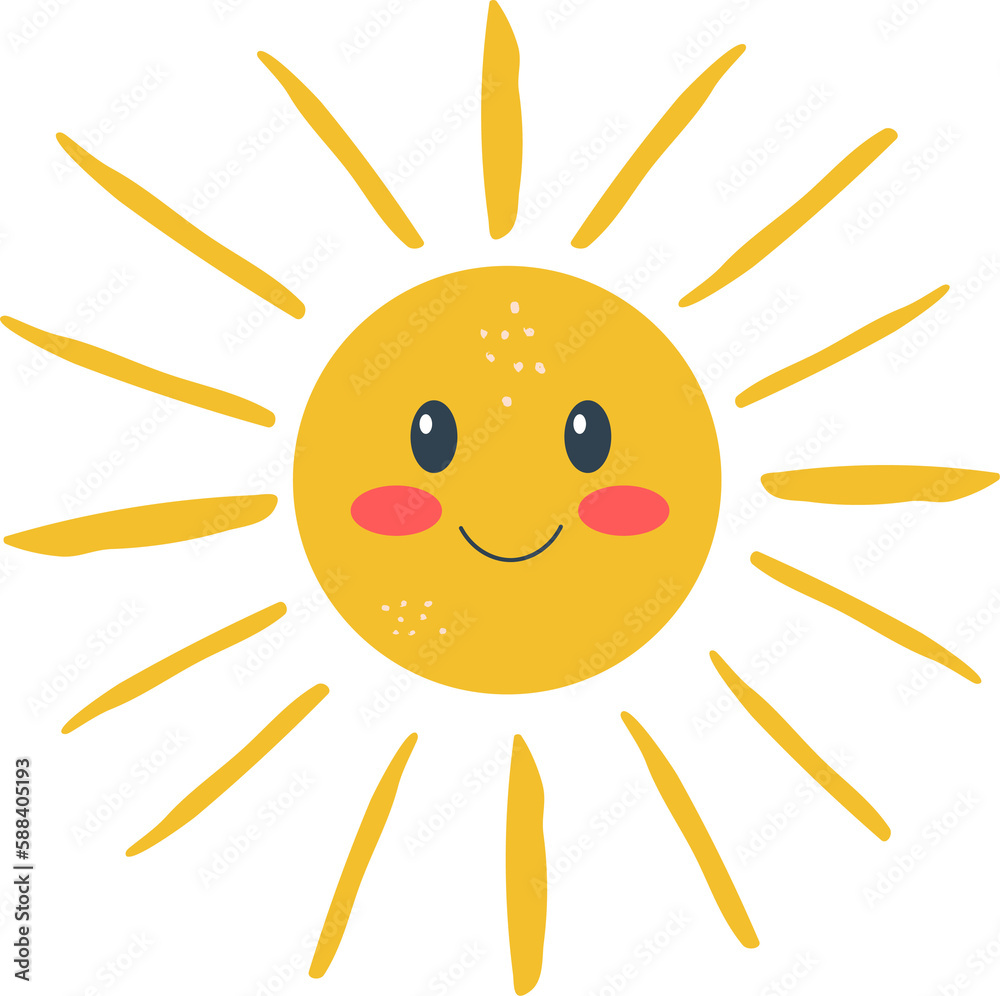 Summer cartoon kawaii  sun cute flat doodle style 