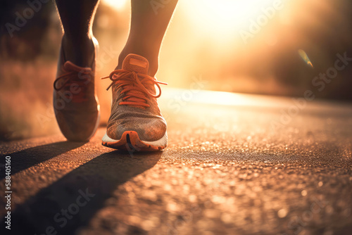 Close up on shoe, Runner athlete feet running on road under sunlight in the morning, high quality generative ai