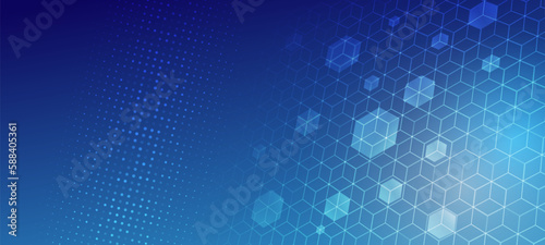 Geometric background of hexagonal objects, with perspective effect. Polygonal abstract composition. Blue molecular background for the presentation of health, medical or technical topics.