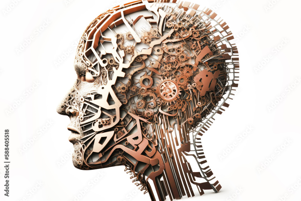 Fototapeta premium Gears turning in a human head. Idea generation. Knowledge. Innovation. Generative AI
