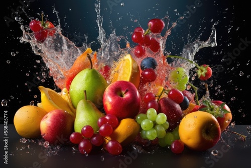 Artistic Exploding Fruit and splashing fruit juice, dark background | Generative AI