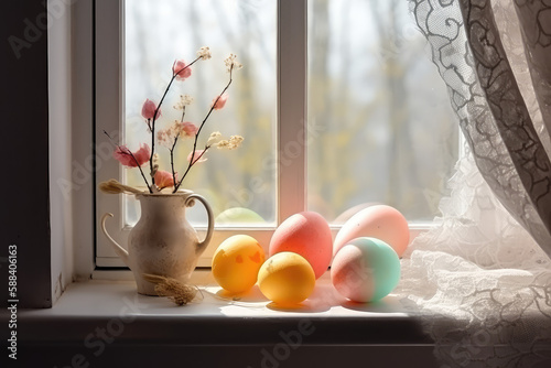 Spring Still life with Easter eggs in delicate pastel colors. Easter eggs on a vintage aged windowsill. Easter in the village. Generative AI art. Retro tableware, sunny day.