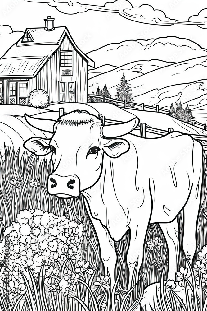 Coloring book page for kids. Cow isolated on white background. Black ...