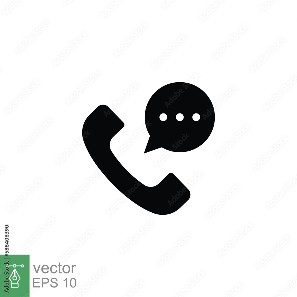 Old phone handset and talk bubble icon. Telephone support, communication concept. Simple solid style. Black silhouette, glyph symbol. Vector illustration isolated on white background. EPS 10. Old phone handset and talk bubble icon. Telephone support, communication concept. Simple solid style. Black silhouette, glyph symbol. Vector illustration isolated on white background. EPS 10.