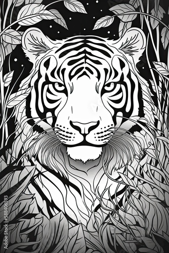 Coloring book page. Cartoon animals for kids  tiger. Generative AI