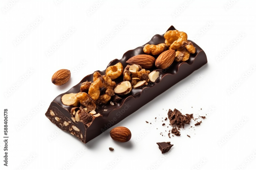 Dark chocolate nut bar with almond hazelnut nuts. Isolated. Sweet snack bar broken part. AI generated art Dark chocolate nut bar with almond hazelnut nuts. Isolated. Sweet snack bar broken part. AI generated art