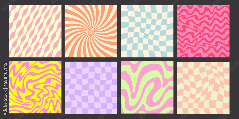 Set of Cool Y2K Abstract Geometric Backgrounds. Acid Style Backdrop. Trendy Groovy Pattern Textures. Set of Cool Y2K Abstract Geometric Backgrounds. Acid Style Backdrop. Trendy Groovy Pattern Textures.