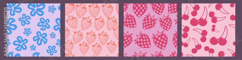 Cool Groovy Seamless Patterns. Trendy Y2k backgrounds with Strawberry, Cherry, Flower.