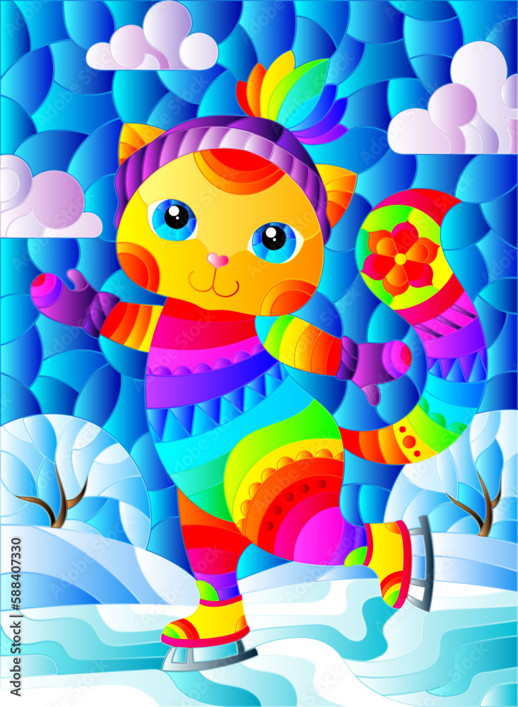 Fototapeta premium Stained glass illustration with a cute cartoon cat on skates against a winter landscape, a rectangular image