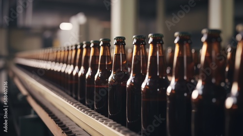 Beer bottles on a conveyor belt in a factory. Production of beer drinks. generated AI