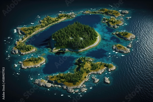 aerial view of a tropical island in the ocean or sea. Generative AI