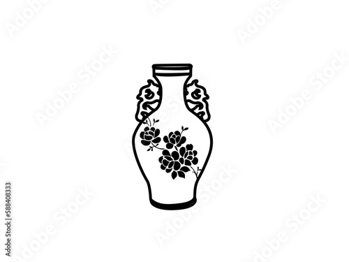 colored vases with blooming flowers for decoration and  poppy  Vector illustration. Colored ceramics vase object, antique  cup with abstract pattern isolated on white background vector illustration.