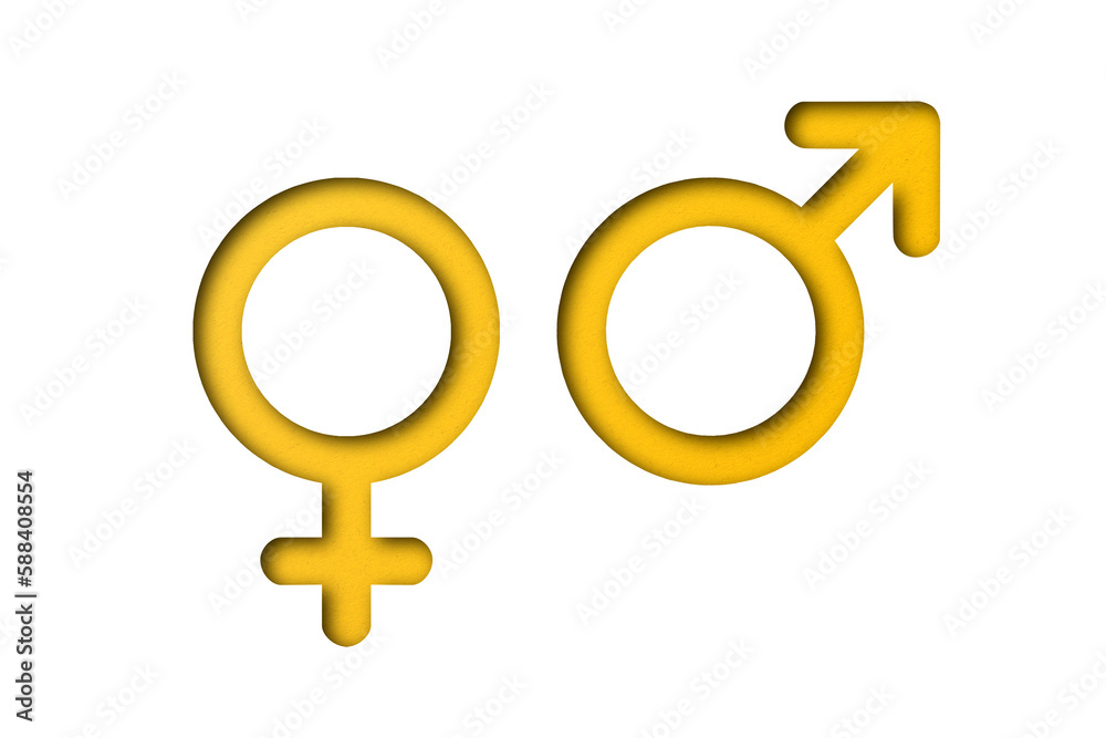 Yellow paper cut male and female symbols isolated on transparent background. Yellow paper cut male and female symbols isolated on transparent background.