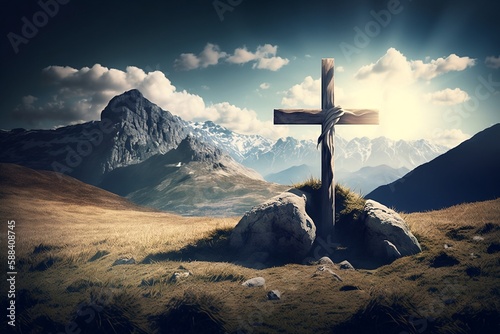 Cross on a beautiful mountain landscape with clouds. Created using generative AI.