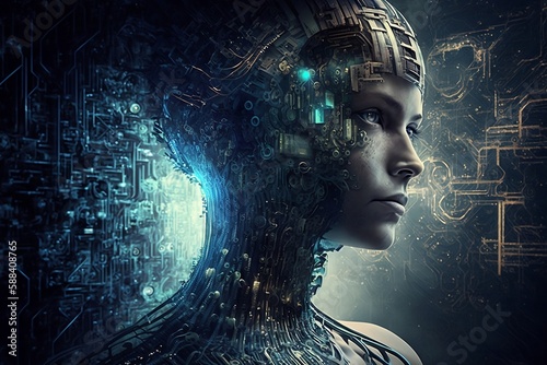Technology in mind, artificial womens head with data. Created using generative AI.