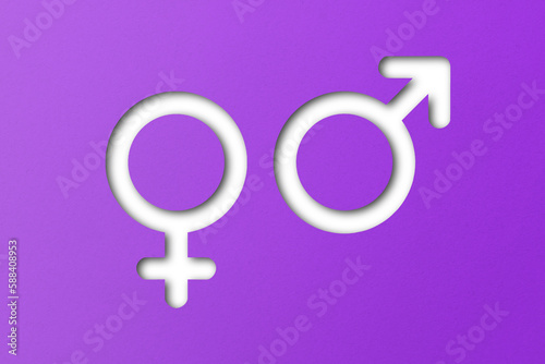 Purple paper cut male and female symbols isolated on transparent background.