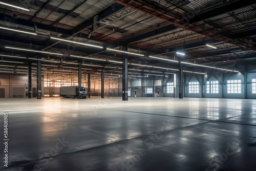 view of large modern industrial interior warehouse, copy space, generative ai
