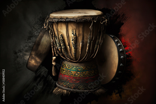 african national musical instrument djembe isolated on dark background. Generative AI photo