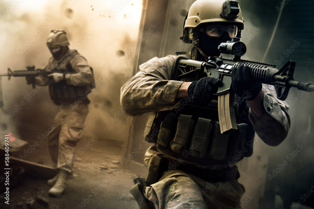 Special Forces Military Soldier in Full Tactical Gear in operation on the battlefiled with an explosion at the background Special Forces Military Soldier in Full Tactical Gear in operation on the battlefiled with an explosion at the background