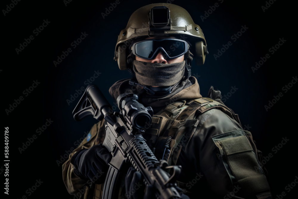 Special Forces Military Unit in Full Tactical Gear posing, on a black background, soldier Special Forces Military Unit in Full Tactical Gear posing, on a black background, soldier