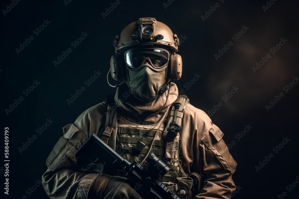 Special Forces Military Unit in Full Tactical Gear posing, on a black background, soldier Special Forces Military Unit in Full Tactical Gear posing, on a black background, soldier