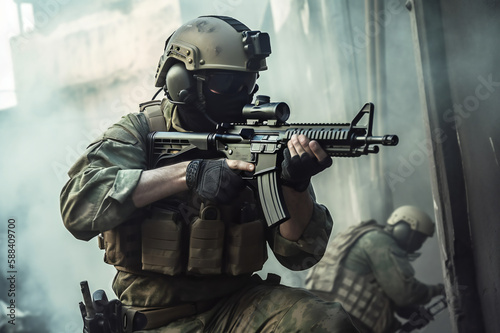 Special Forces Military Soldier in Full Tactical Gear in operation aiming with his gun with smoke at the background