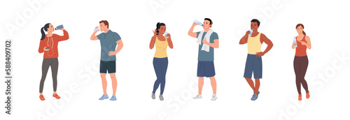 Healthy  young men and women in full height drink water from a glasses and bottle. Vector cartoon flat style illustration