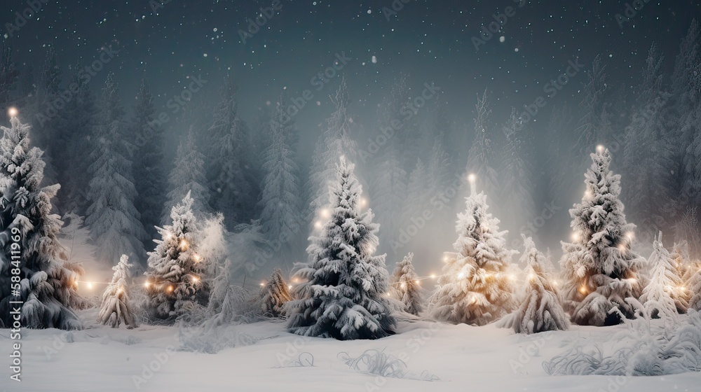Christmas tree and Christmas lights on abstract snowy landscape background, Xmas background concept with advertising space. Generative Ai.
