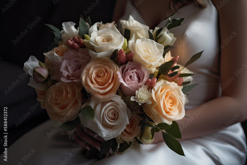 Bride holding her wedding bouquet. wedding bouquet in bride's hands. Generative Ai. Bride holding her wedding bouquet. wedding bouquet in bride's hands. Generative Ai.