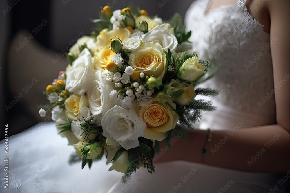 Bride holding her wedding bouquet. wedding bouquet in bride's hands. Generative Ai.