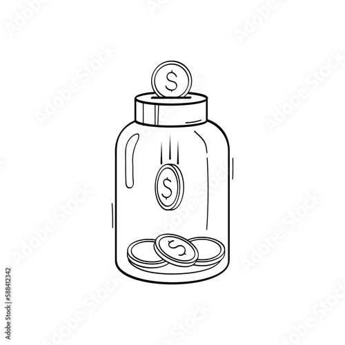 A glass jar with money. Vector sketch line illustration. Piggy bank. Accumulation icon.