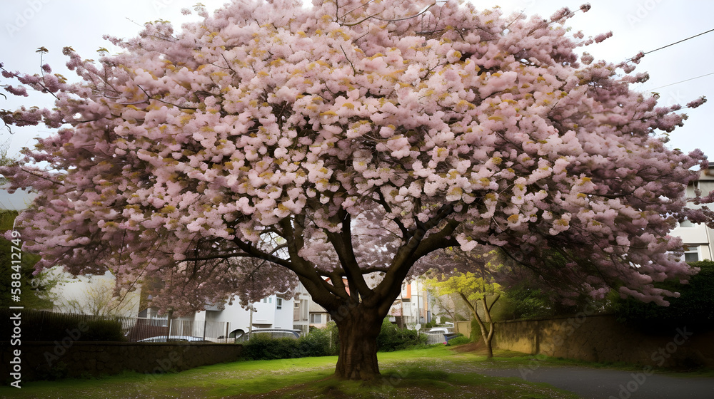 Naklejka premium Tree covered in pink blossoms, Generative AI