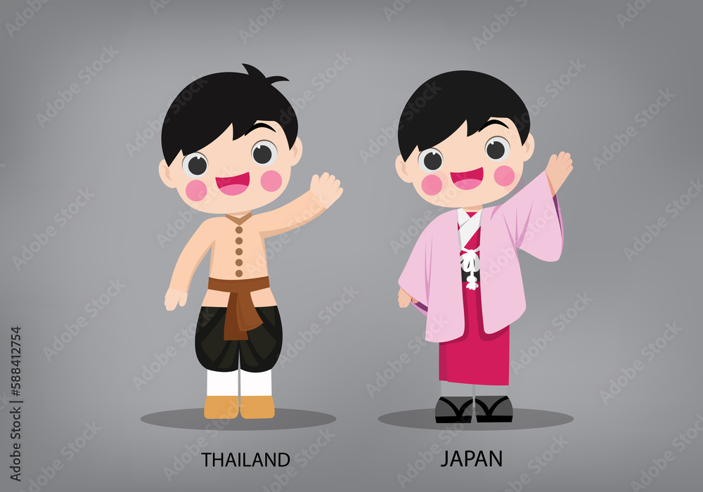 Thailand and Japan international characters in traditional costume vector Thailand and Japan international characters in traditional costume vector
