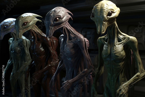 Group of aliens standing in a line, scary aliens, generative ai
