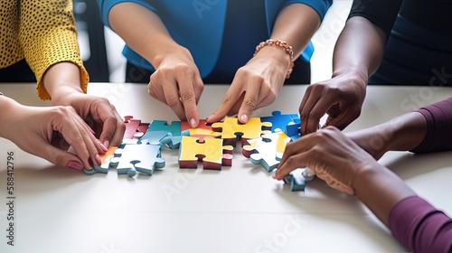 International team of coworkers sitting around table  putting colorful puzzles together  teamwork concept  by ai generative