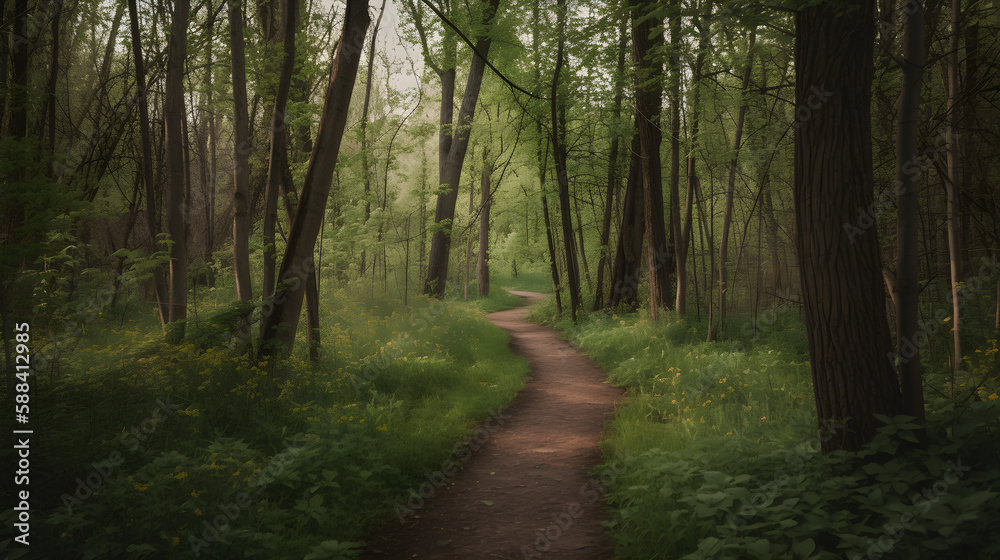 Dirt trail through dense woods, lush grass and trees, Generative AI Dirt trail through dense woods, lush grass and trees, Generative AI