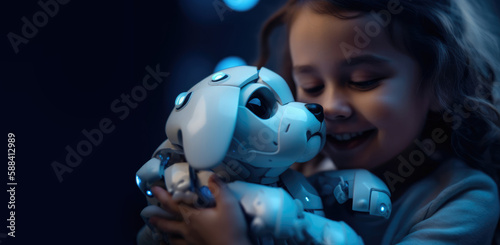 Little girl kid hugging a white modern pet puppy robot with copy space, generative ai
