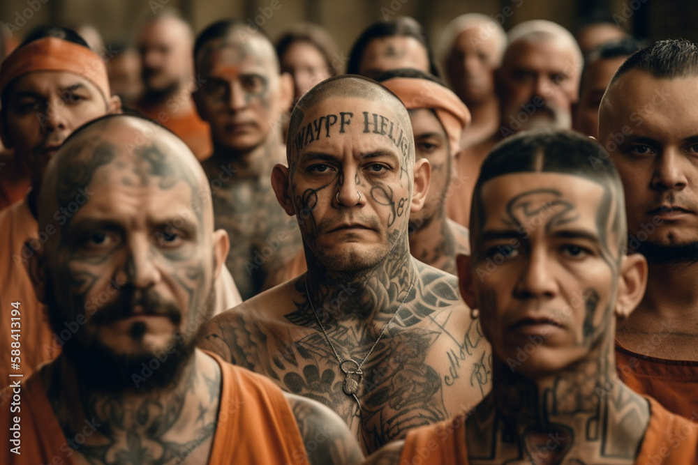 group of tattooed convicts looking at camera. AI generated image