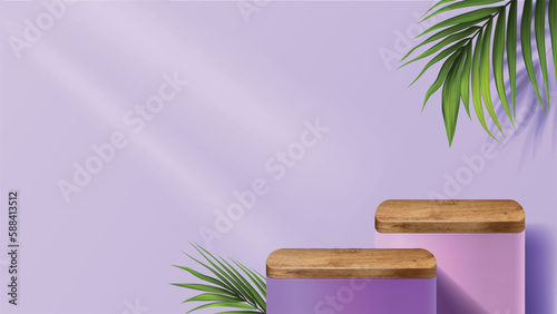 Background for product scene. Wooden and purple product display podium on violet background with leaves for mock-up cosmetic, spa product. 3D Stage showcase on pedestal display studio.